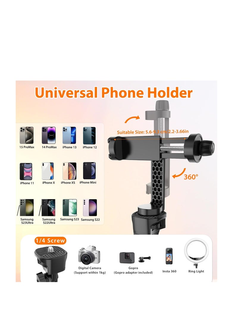 170cm Tripod Stand for iPhone, Extendable Phone Holder with Remote Control and 360° Rotating Phone Holder, Sturdy Aluminum Selfie Stick with Wide Legs and Thicker Tube, Gold Handle Lock