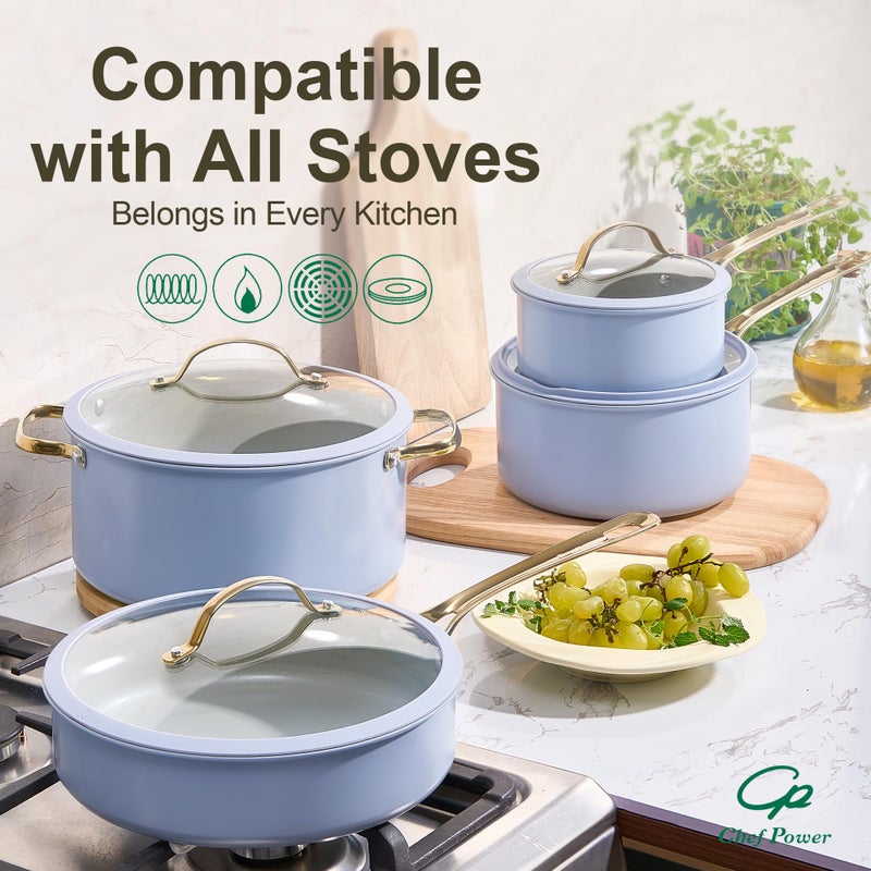 Chef Power Ceramic Cookware Sets, 10Pcs Pots and Pans Set Non Stick, Cookware Set with Stainless Steel Handle, Dishwasher & Oven Safe, Blue Gray and Granite Grey - Image 5