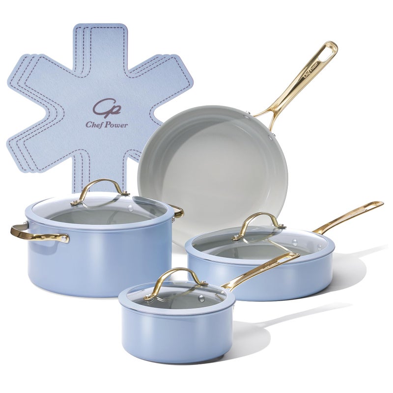 Chef Power Ceramic Cookware Sets, 10Pcs Pots and Pans Set Non Stick, Cookware Set with Stainless Steel Handle, Dishwasher & Oven Safe, Blue Gray and Granite Grey - Image 1