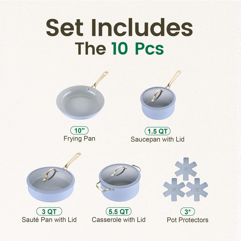 Chef Power Ceramic Cookware Sets, 10Pcs Pots and Pans Set Non Stick, Cookware Set with Stainless Steel Handle, Dishwasher & Oven Safe, Blue Gray and Granite Grey - Image 2