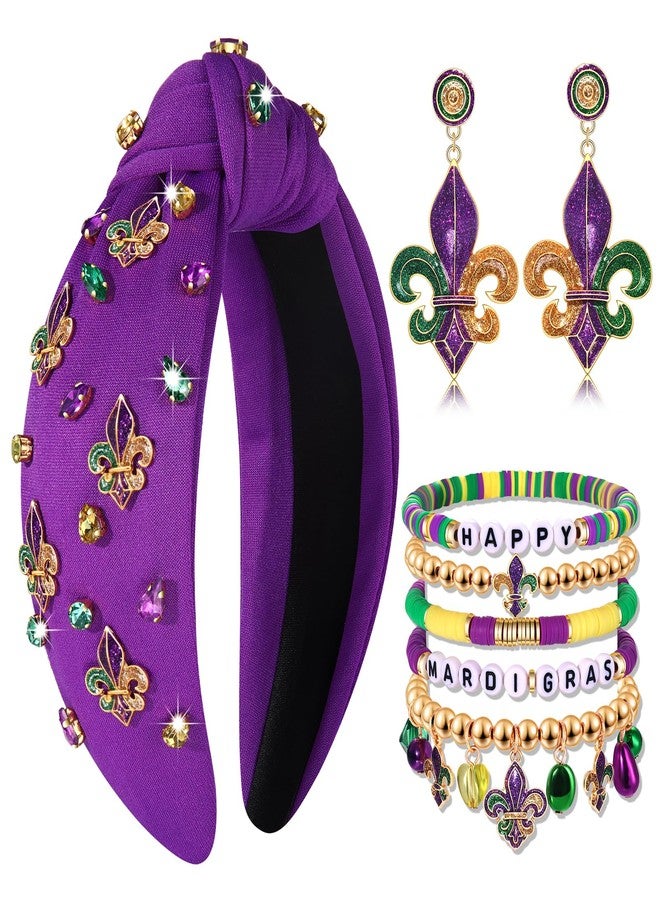 CEALXHENY Mardi Gras Headbands for Women Fleur De Lis Mask Knotted Headband Dangle Earrings Heishi Bracelets Mardi Gras Accessories Outfits Parade Party Favors Gifts (Pattern D) - Image 1