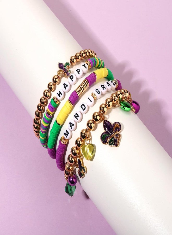 CEALXHENY Mardi Gras Headbands for Women Fleur De Lis Mask Knotted Headband Dangle Earrings Heishi Bracelets Mardi Gras Accessories Outfits Parade Party Favors Gifts (Pattern D) - Image 4