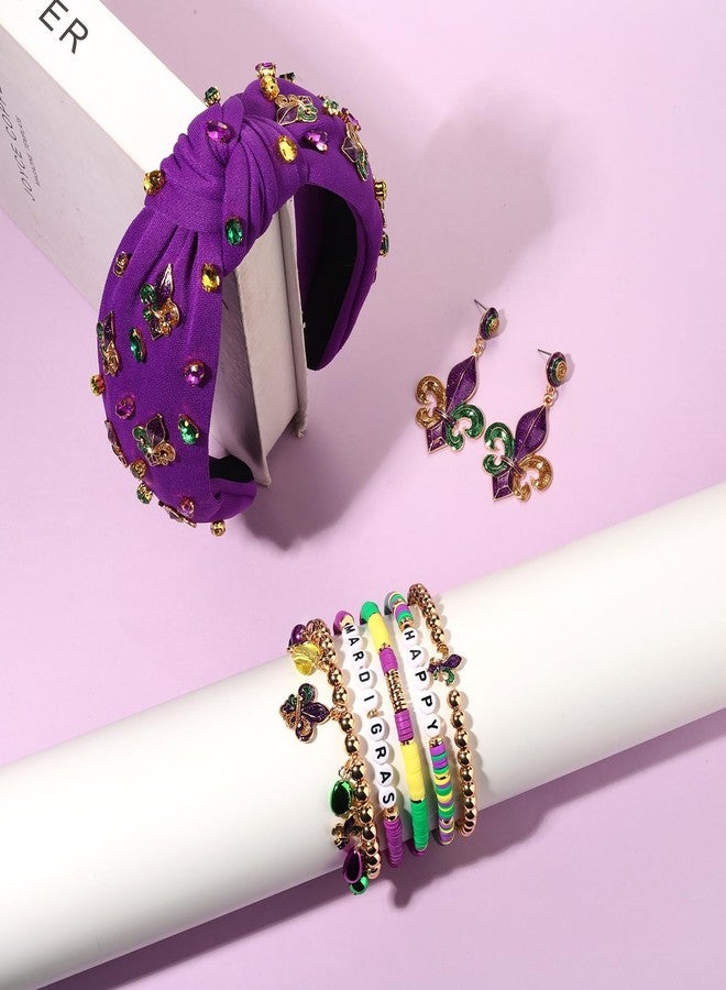 CEALXHENY Mardi Gras Headbands for Women Fleur De Lis Mask Knotted Headband Dangle Earrings Heishi Bracelets Mardi Gras Accessories Outfits Parade Party Favors Gifts (Pattern D) - Image 2