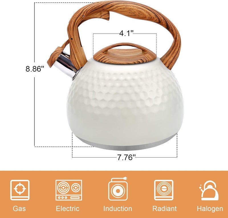 Seafront Seafront Tea Kettle 27 Quart 3 Liter Stainless Steel Tea Kettles for Stove Top Food Grade Teapot with Wood Pattern Handle Loud Whistling for Coffee Milk Gas Electric Applicable Gloss White - Image 2