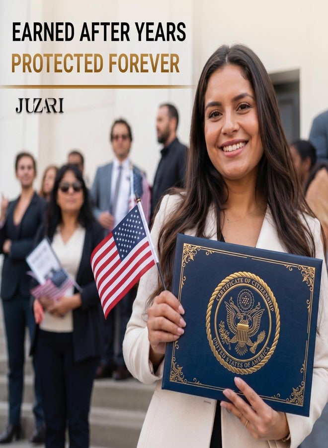 JUZARI US Citizenship Certificate Holder Blue - Faux Leather Certificate Protector - Gold Foil Naturalization Document Folder - American Citizenship Gifts - Professional Certificate Covers - Image 3