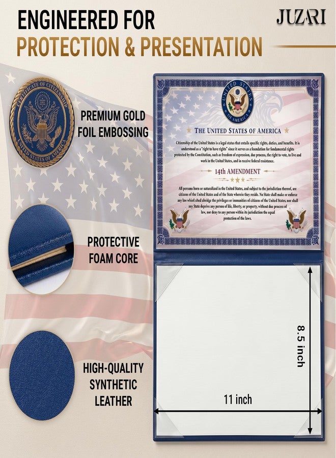 JUZARI US Citizenship Certificate Holder Blue - Faux Leather Certificate Protector - Gold Foil Naturalization Document Folder - American Citizenship Gifts - Professional Certificate Covers - Image 2