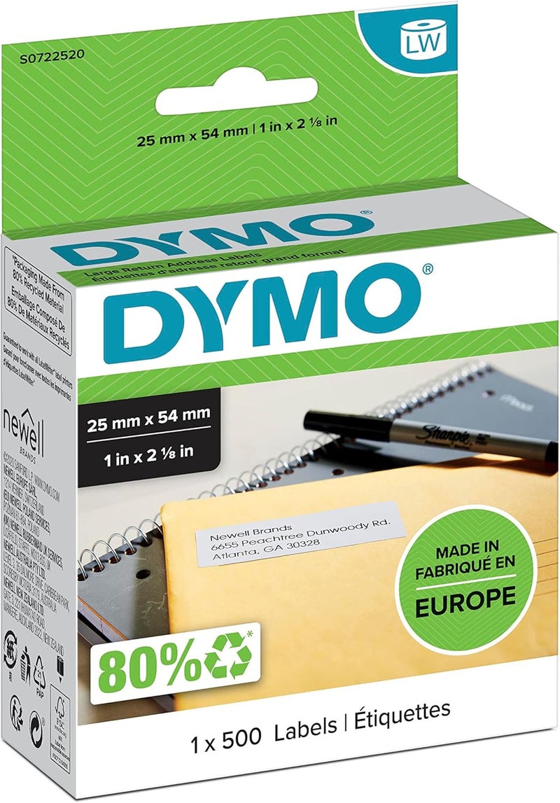 DYMO Large Return Address Labels - 25mm x 54mm, 500 Labels, White - Image 1