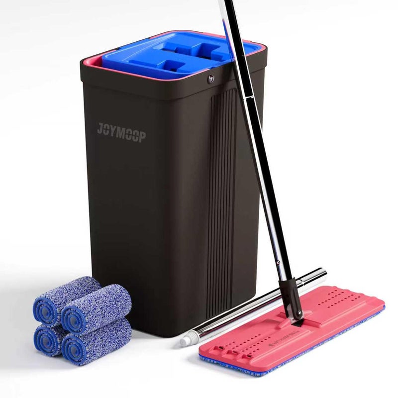 JOYMOOP Mop and Bucket with Wringer Set, Hands Free Flat Floor Mop and Bucket, with 4 Washable Microfiber Pads, Wet and Dry Use, Floor Cleaning System - Black+Red+Slate Blue - Image 1
