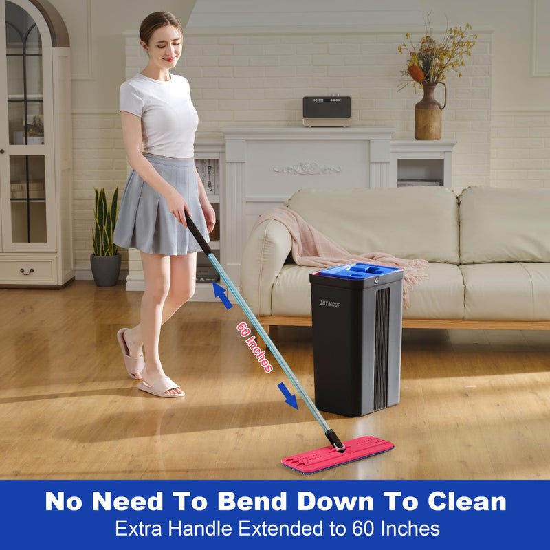 JOYMOOP Mop and Bucket with Wringer Set, Hands Free Flat Floor Mop and Bucket, with 4 Washable Microfiber Pads, Wet and Dry Use, Floor Cleaning System - Black+Red+Slate Blue - Image 5