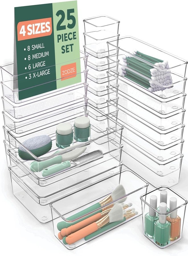 ZODZE Desk Drawer Organizer Tray Bins 4 PCS, 9 * 3 * 2" Clear Drawer Organizers, Vanity Organizers and Storage, Plastic Drawer Organizer for Makeup, Bathroom, Kitchen, Office (25 PCS SET MIX) - Image 1
