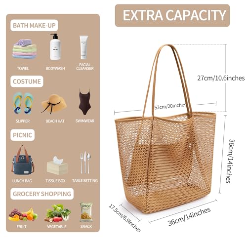 VOROLO Mesh Tote Beach Bag,Women Fairycore Hobo Bag,Shoulder Bag,Soft Summer Casual Crochet Bags(Khaki) - Image 3