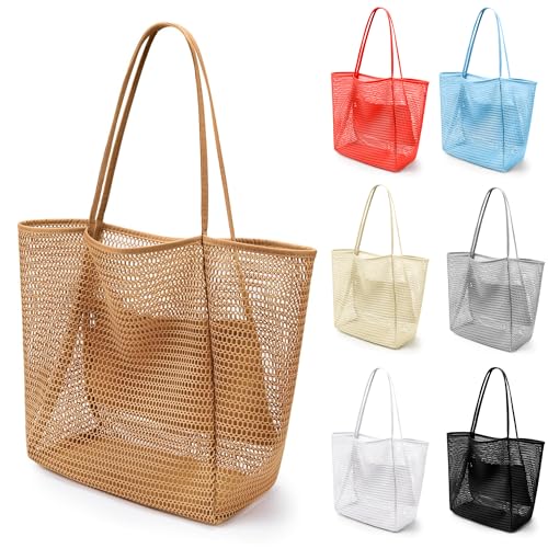 VOROLO Mesh Tote Beach Bag,Women Fairycore Hobo Bag,Shoulder Bag,Soft Summer Casual Crochet Bags(Khaki) - Image 1