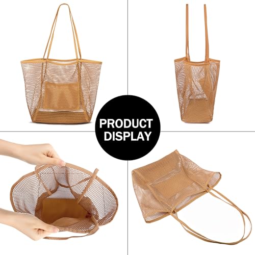 VOROLO Mesh Tote Beach Bag,Women Fairycore Hobo Bag,Shoulder Bag,Soft Summer Casual Crochet Bags(Khaki) - Image 5