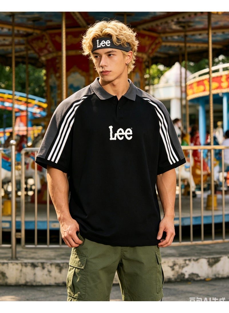 LEE American campus style heavy cotton loose lapel short sleeve T-shirt - Image 5