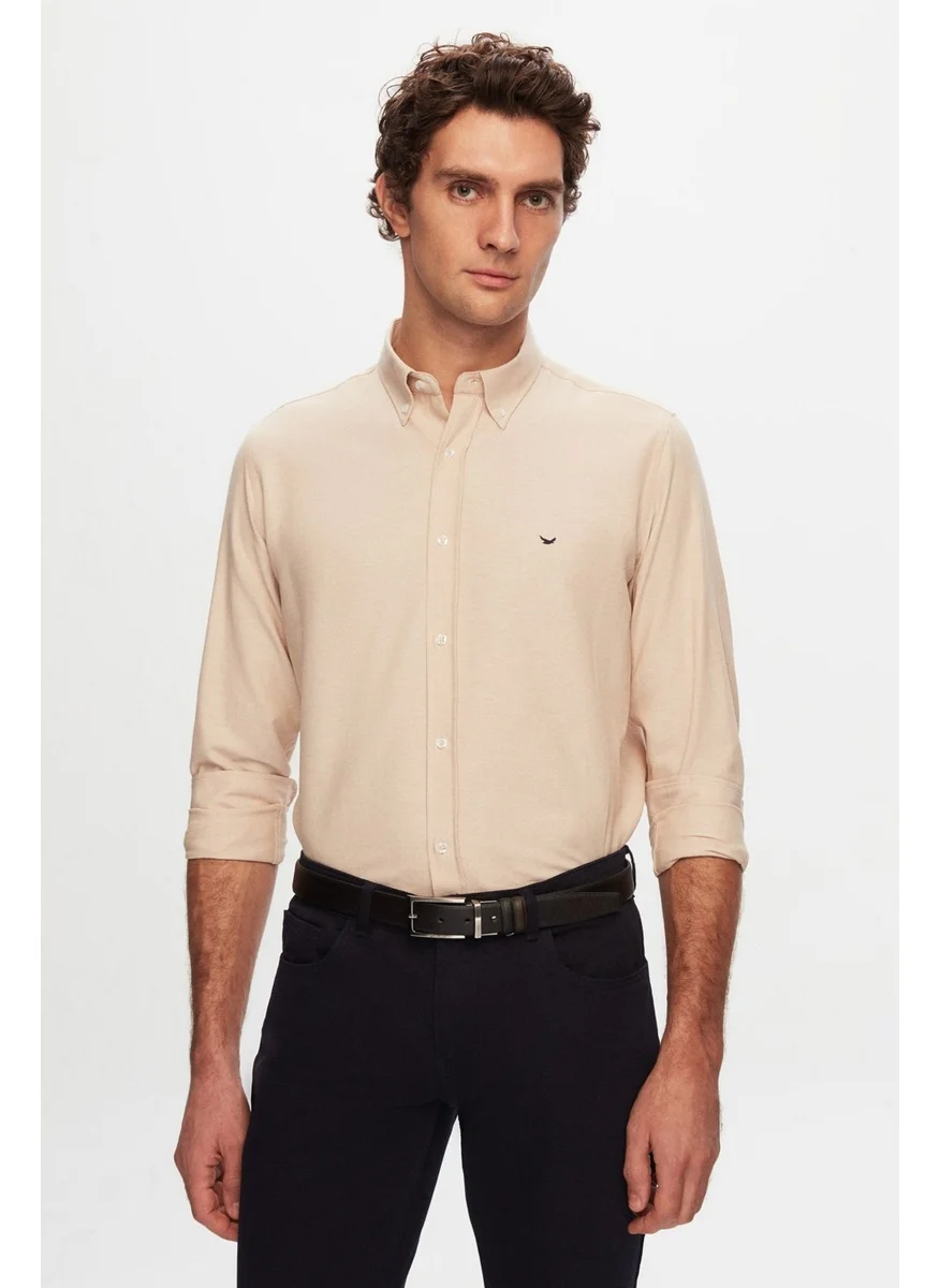 D'S DAMAT Slim Fit Ecru Oxford Button-down Collar Easy Ironable Embroidered Detailed Cotton Shirt 4HC02ORT03265