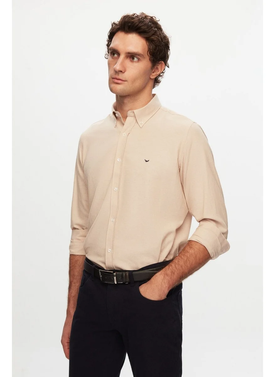 D'S DAMAT Slim Fit Ecru Oxford Button-down Collar Easy Ironable Embroidered Detailed Cotton Shirt 4HC02ORT03265