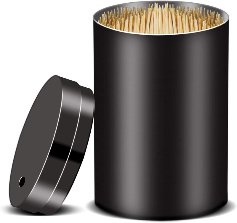 YIFOCUS Stainless Steel Metal Toothpick Holder Dispenser, Tooth Picks Lot Container with 500 Pieces Bamboo Round Toothpicks for Teeth Appetizer and for kitchen (Black) - Image 1