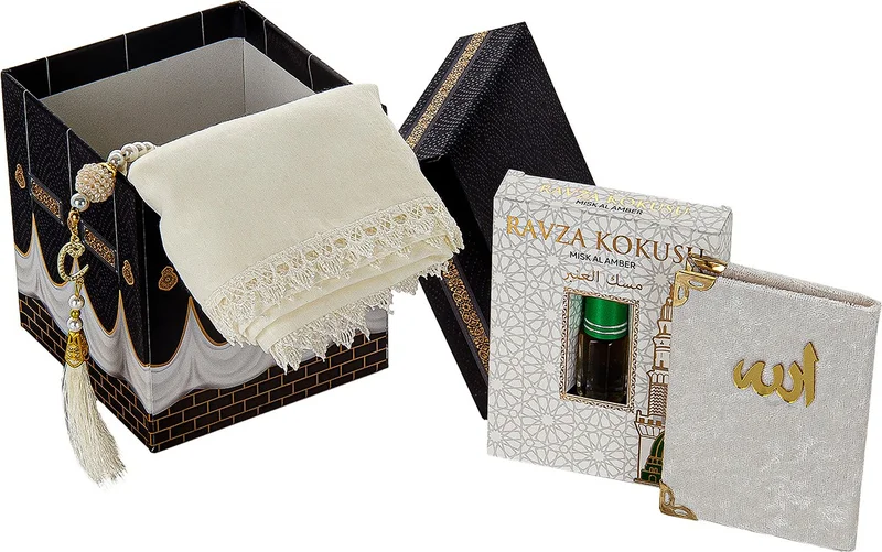 İhvan Ihvan Kaaba Patterned Special Boxed Mevlüt Gift Set - Scalloped Cover - Ravza Scent - Pearl Prayer Beads - Velvet Yasin Cream