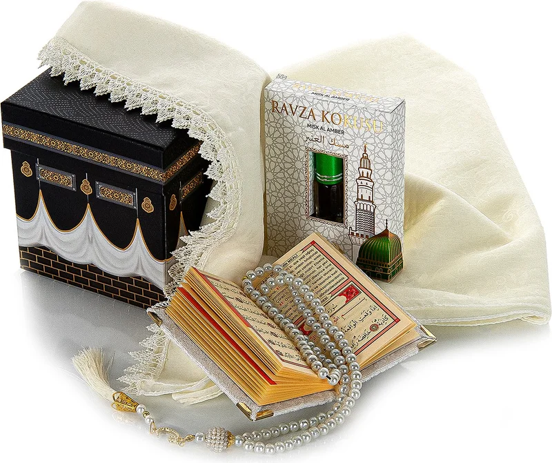 İhvan Ihvan Kaaba Patterned Special Boxed Mevlüt Gift Set - Scalloped Cover - Ravza Scent - Pearl Prayer Beads - Velvet Yasin Cream
