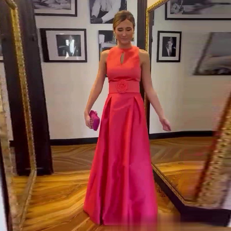 2024 Solid Color Round Neck Hollow Design Sleeveless Waist Elegant Dress - Image 1