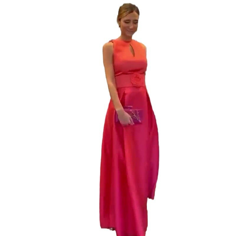 2024 Solid Color Round Neck Hollow Design Sleeveless Waist Elegant Dress - Image 5