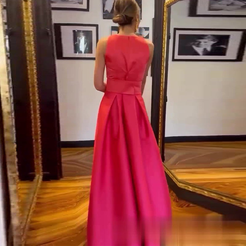 2024 Solid Color Round Neck Hollow Design Sleeveless Waist Elegant Dress - Image 4
