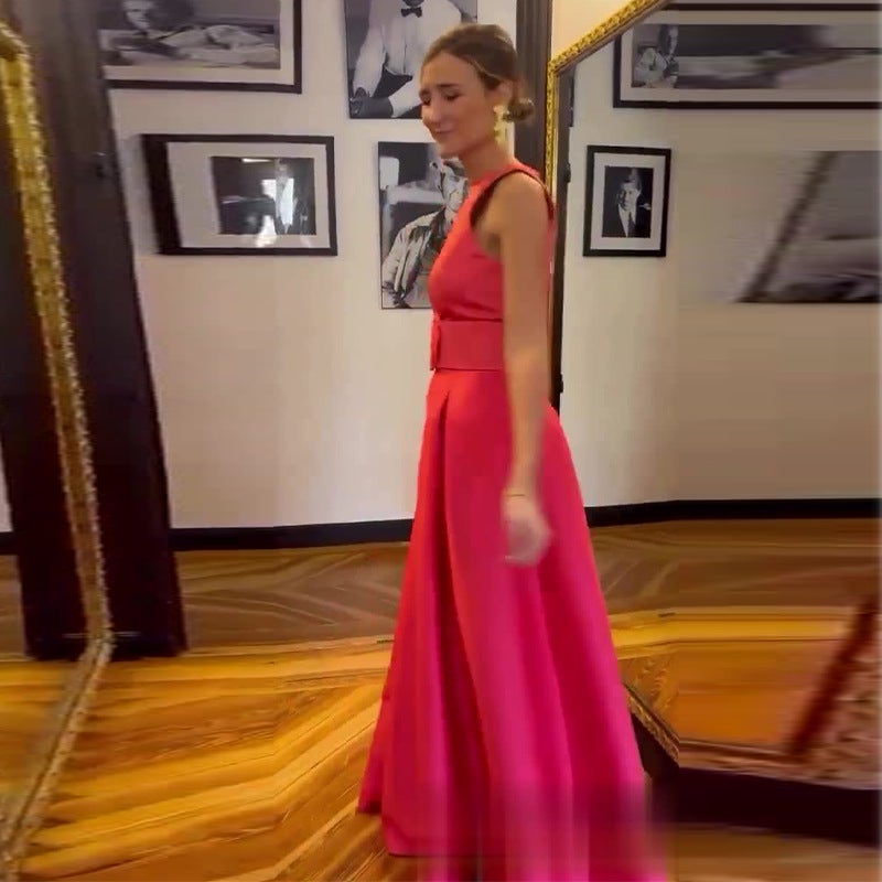 2024 Solid Color Round Neck Hollow Design Sleeveless Waist Elegant Dress - Image 3