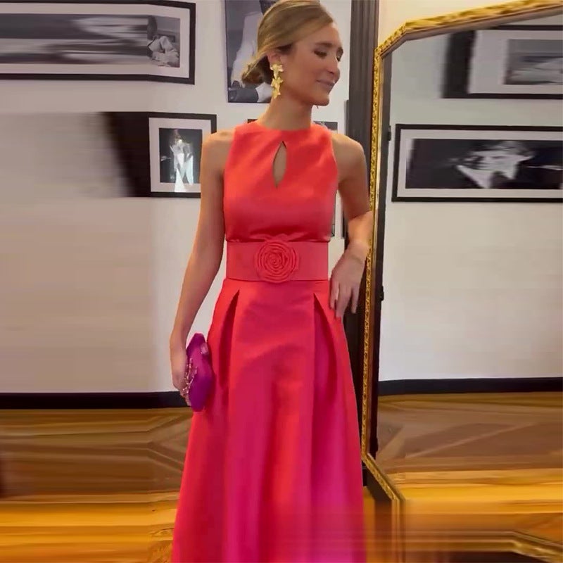 2024 Solid Color Round Neck Hollow Design Sleeveless Waist Elegant Dress - Image 2
