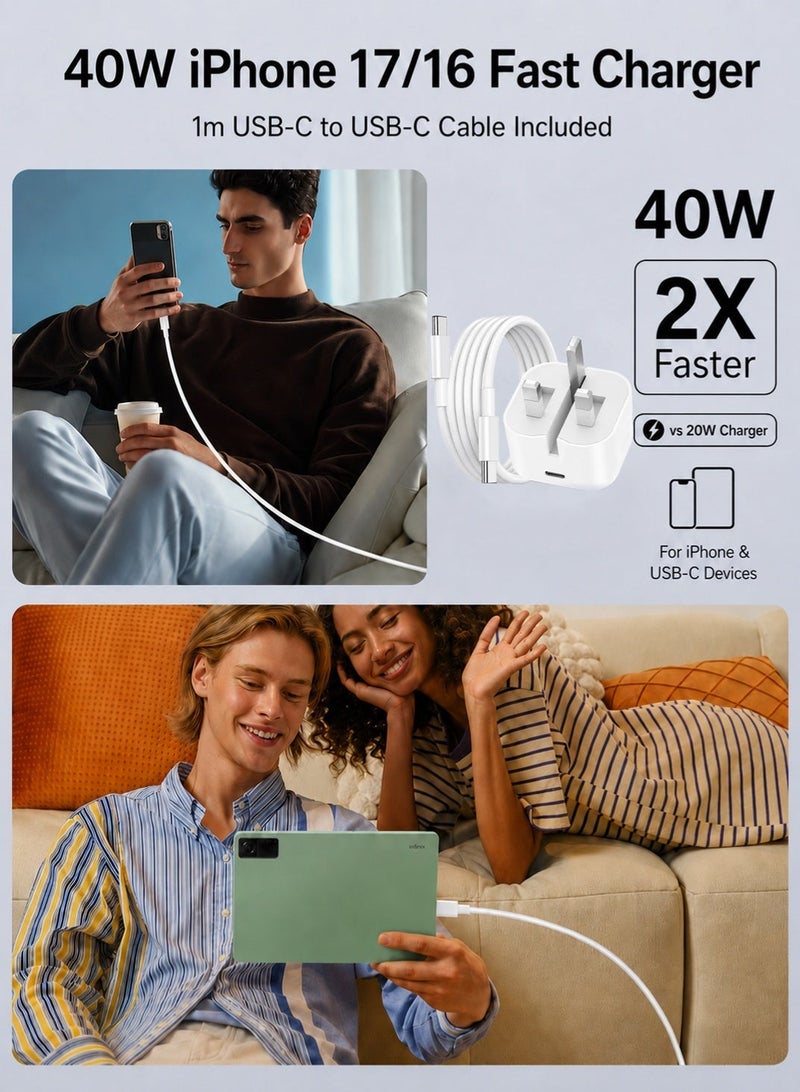AFQIX iPhone Charger,40W iPhone Charger Fast Charging,Type C PD Fast USB C Charger iPhone 17 Fast Charger Head Type-C Power Plug Universal Travel Adapter USB-C Plug for iPhone 17/17 Pro/17 Pro Max/Air/16/16 Pro/16 Pro Max/15/15 Pro/15 Pro Max/Plus, iPad, AirPods（1m Cable) - Image 2