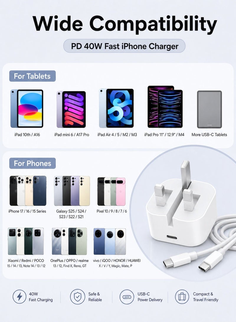 AFQIX iPhone Charger,40W iPhone Charger Fast Charging,Type C PD Fast USB C Charger iPhone 17 Fast Charger Head Type-C Power Plug Universal Travel Adapter USB-C Plug for iPhone 17/17 Pro/17 Pro Max/Air/16/16 Pro/16 Pro Max/15/15 Pro/15 Pro Max/Plus, iPad, AirPods（1m Cable) - Image 3