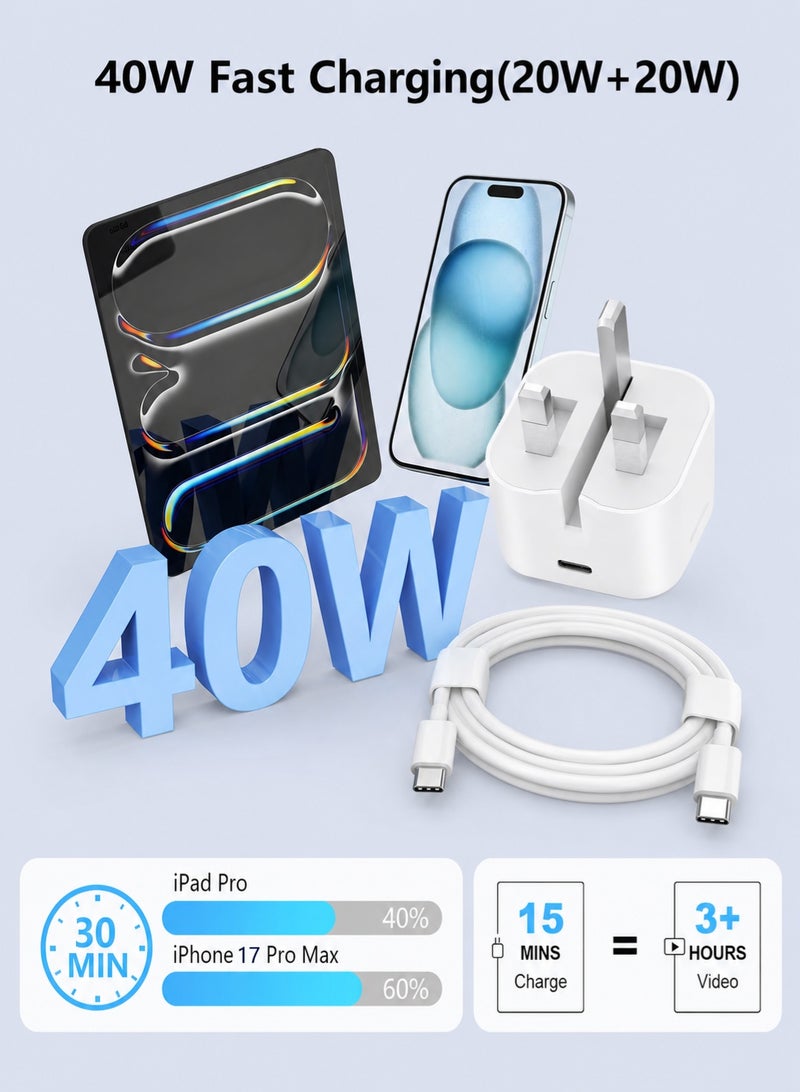 AFQIX iPhone Charger,40W iPhone Charger Fast Charging,Type C PD Fast USB C Charger iPhone 17 Fast Charger Head Type-C Power Plug Universal Travel Adapter USB-C Plug for iPhone 17/17 Pro/17 Pro Max/Air/16/16 Pro/16 Pro Max/15/15 Pro/15 Pro Max/Plus, iPad, AirPods（1m Cable) - Image 4