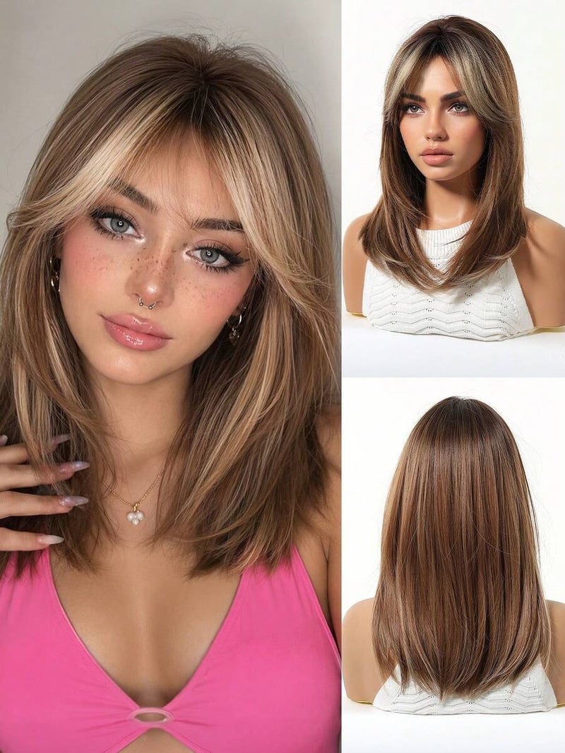 16 Inch Brown Root Honey Blonde Ombre Medium Long Straight Synthetic Wig for Women, Lightweight Soft Fiber, Face-Framing Curtain Bangs, Adjustable Cap, Daily Wear &  Cosplay