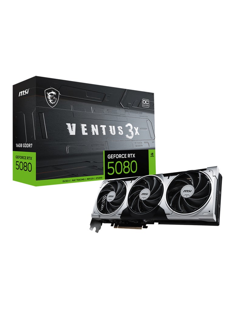 MSI GeForce RTX 5080 16GB VENTUS 3X OC PLUS, PCIe Gen 5, 10752 CUDA Cores, 2560 MHz Boost Clock, 16GB GDDR7, 256-bit Memory Bus, 30 Gbps Memory Speed, DisplayPort 3x (v2.1b), HDMI 1x (2.1b), 360W Power Consumption, 16-pin Power Connector, 850W PSU, 7680x4320 Max Resolution, G-SYNC, HDCP Supported, 4.6 OpenGL, 12 Ultimate DirectX Support Grey - Image 1