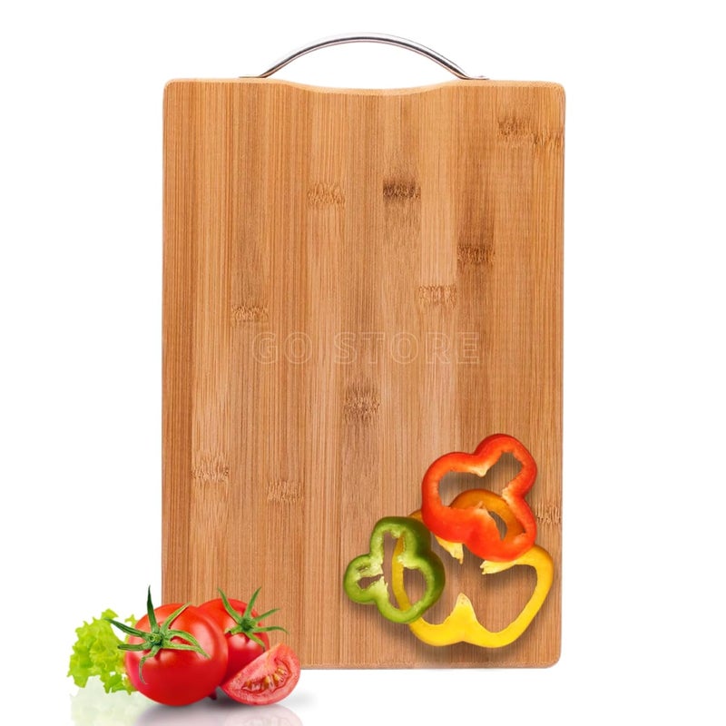 GO Store Large Non-Slip Wooden Bamboo Cutting Board with Antibacterial Surface with Stainless Steel Handle, Chopping Board for Kitchen, Cutting Board for Kitchen (Wood) - Image 1