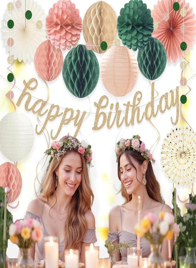 Aonor Pink Sage Green Happy Birthday Decorations, Pre-Strung Happy Birthday Banner with Honeycomb Balls, Paper Flowers, Lanterns, Hanging Swirls, Circle Dots Garland for Birthdays Party Decorations 24pcs - Image 2