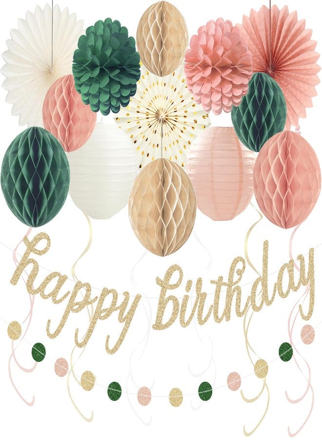 Aonor Pink Sage Green Happy Birthday Decorations, Pre-Strung Happy Birthday Banner with Honeycomb Balls, Paper Flowers, Lanterns, Hanging Swirls, Circle Dots Garland for Birthdays Party Decorations 24pcs - Image 1