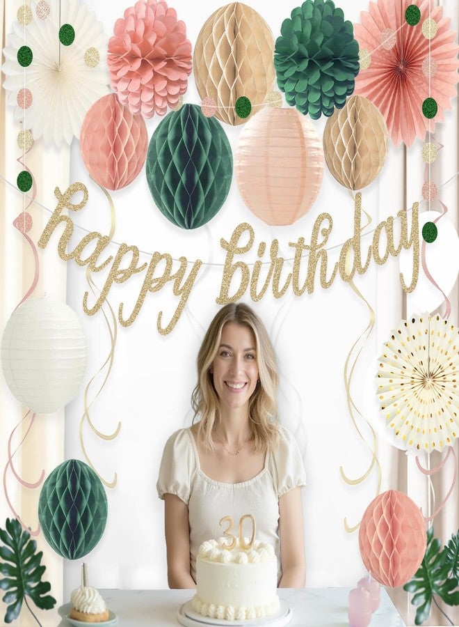 Aonor Pink Sage Green Happy Birthday Decorations, Pre-Strung Happy Birthday Banner with Honeycomb Balls, Paper Flowers, Lanterns, Hanging Swirls, Circle Dots Garland for Birthdays Party Decorations 24pcs - Image 5