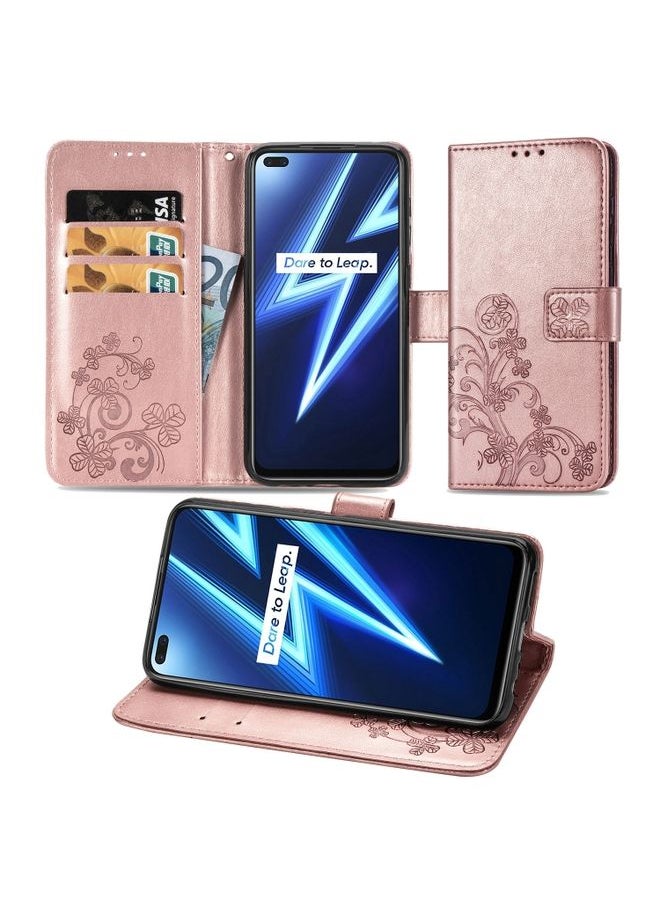 HuHa Case Cover For Realme 6 Pro Four-leaf Clasp Embossed Buckle Mobile Phone Protection Leather Case with Lanyard & Card Slot & Wallet & Bracket Function Rose Gold 