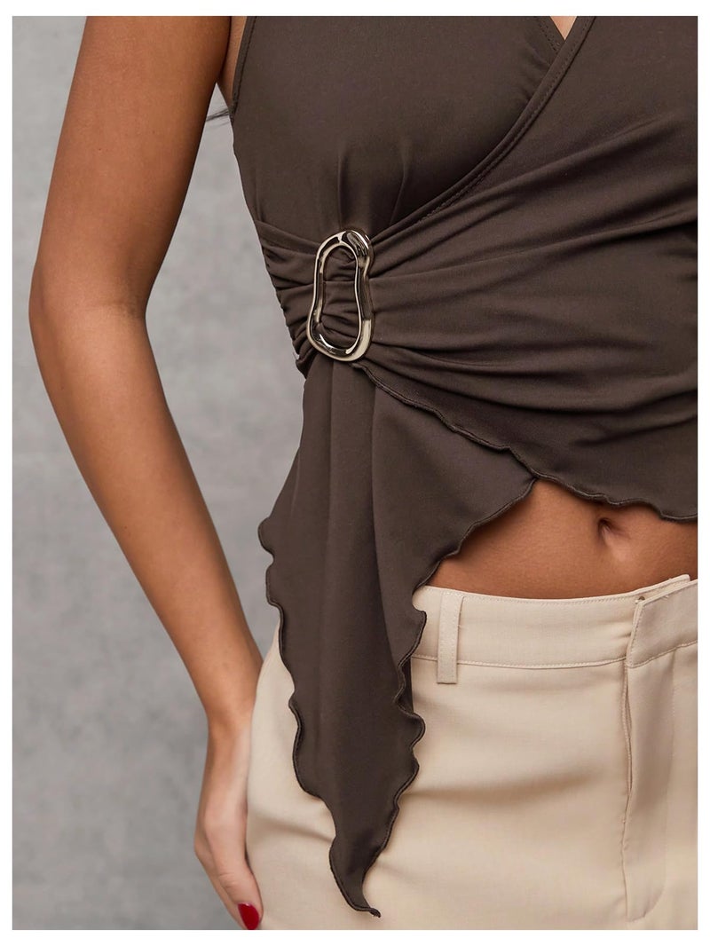 Verdusa Women's Going Out Tops Y2k Buckle Halter Top Ruched Asymmetrical Sleeveless Tops Brown Large - Image 5