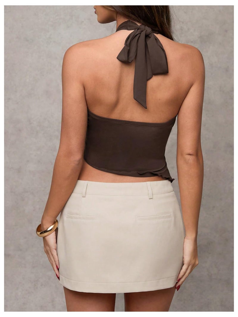 Verdusa Women's Going Out Tops Y2k Buckle Halter Top Ruched Asymmetrical Sleeveless Tops Brown Large - Image 2