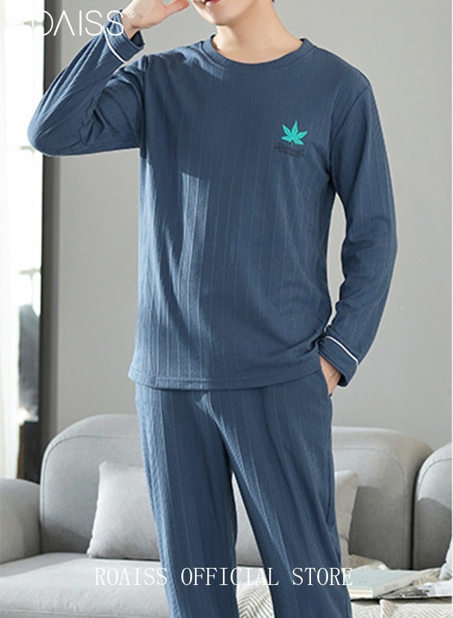 roaiss طقم بيجاما دافئ للرجال بدلة نوم طويلة بسيطة ملابس منزلية ناعمة للرجال طقم بيجاما خريف شتاء فضفاض صديق للبشرة ملابس مريحة - Image 1