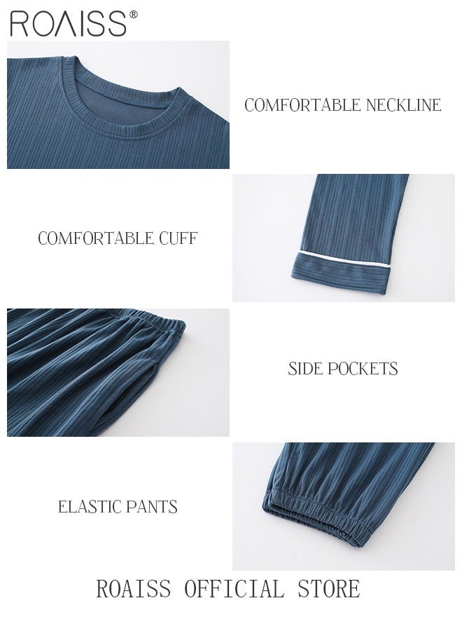 roaiss طقم بيجاما دافئ للرجال بدلة نوم طويلة بسيطة ملابس منزلية ناعمة للرجال طقم بيجاما خريف شتاء فضفاض صديق للبشرة ملابس مريحة - Image 5