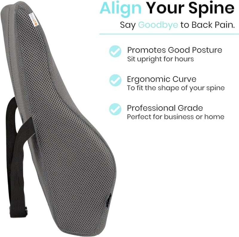 kossto Orthopedic Back Brace Memory Foam Lumbar Support Backrest for Upper, Middle & Lower Back Pain Compatible with Car, Office Chair Having Mesh Cover, Adjustable Strap (Grey) - Image 2