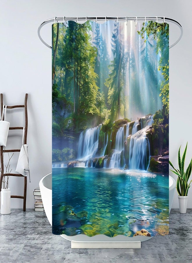 YSATNSFT Misty Forest Waterfall Shower Curtain Tropical Rainforest Jungle Waterfall Green Pine Tree Nature Landscape Fabric Bathroom Decor Set with Hooks,(70" WX70 H) - Image 3