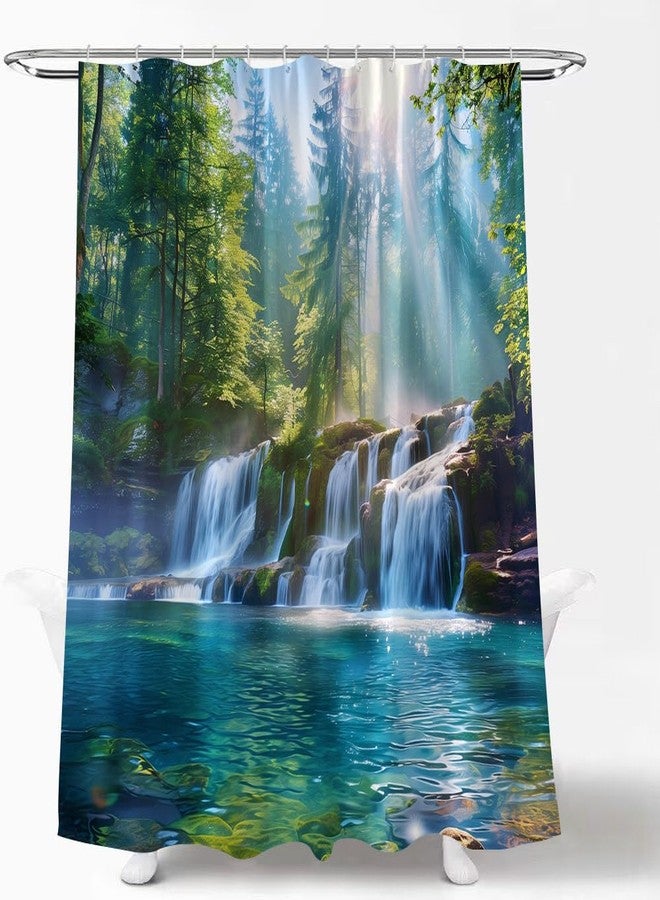 YSATNSFT Misty Forest Waterfall Shower Curtain Tropical Rainforest Jungle Waterfall Green Pine Tree Nature Landscape Fabric Bathroom Decor Set with Hooks,(70" WX70 H) - Image 2