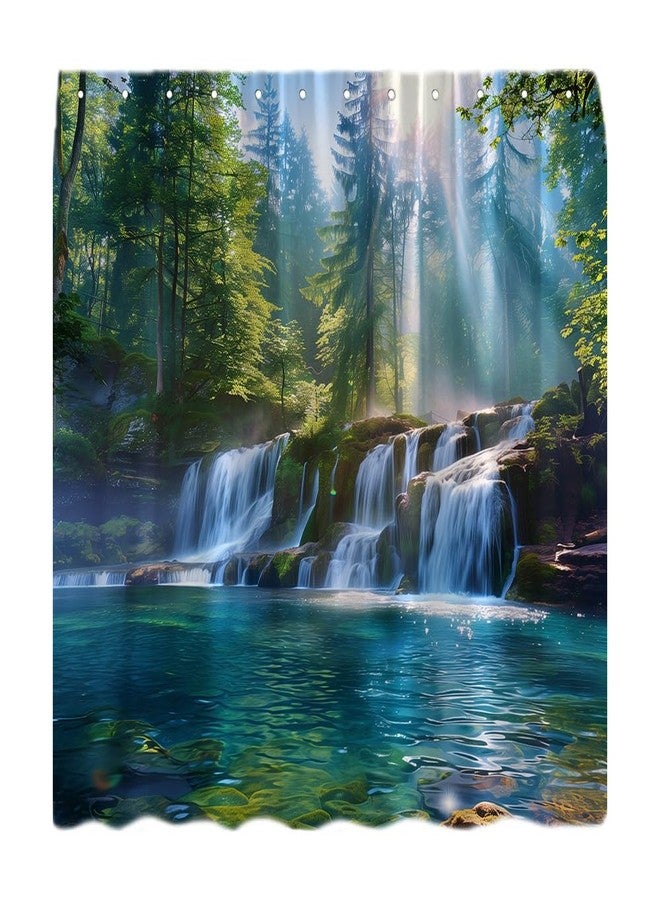 YSATNSFT Misty Forest Waterfall Shower Curtain Tropical Rainforest Jungle Waterfall Green Pine Tree Nature Landscape Fabric Bathroom Decor Set with Hooks,(70" WX70 H) - Image 1