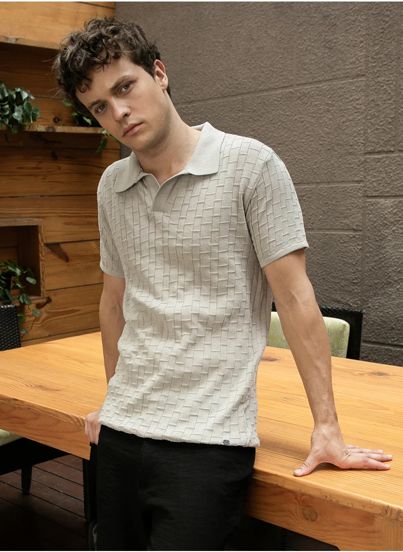 Campus Sutra Men's Cloud Grey Brick-Textured Polo T-Shirt