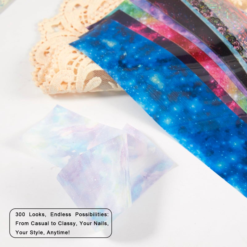 WOKOTO 300 Sheets Nail Foils Transfer Nail Art Holographic Flower Rose Solid Nail Art Foil Sheets, 1 Set for All Various Designs Nail Transfer Foil for Women Girls Nails - Image 2