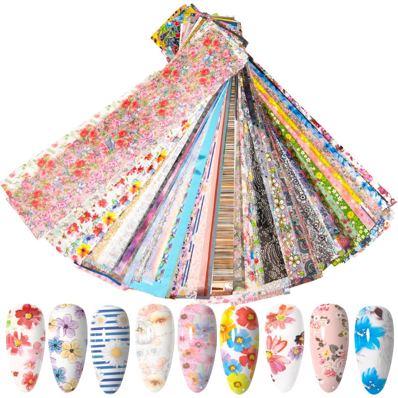 WOKOTO 300 Sheets Nail Foils Transfer Nail Art Holographic Flower Rose Solid Nail Art Foil Sheets, 1 Set for All Various Designs Nail Transfer Foil for Women Girls Nails - Image 1