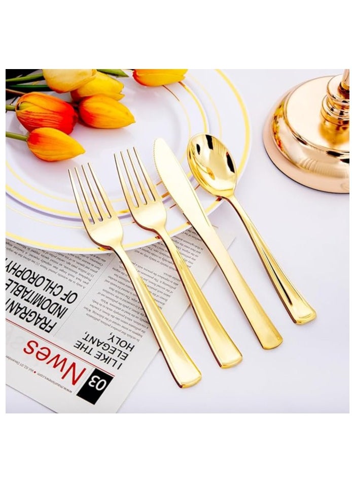 Boxwoods 150 Pieces of Premium Quality Elegant Gold Plastic Disposable Cutlery Set Spoons knives and Forks For Wedding Birthday Ramadan Eid Dinner party 